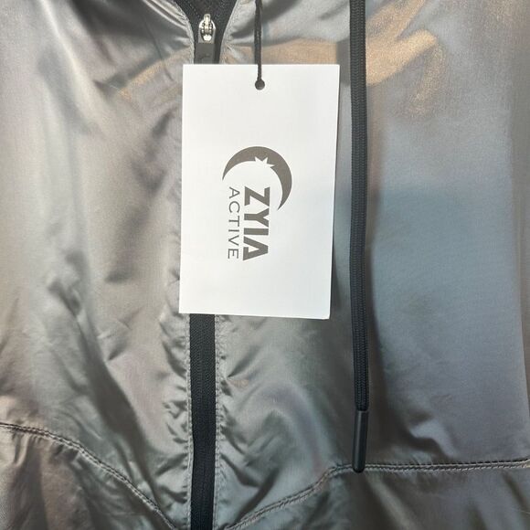 NWT Zyia Metallic Silver Nylon Full Zip Lined Hooded Jacket - Size XXL - Picture 3 of 8